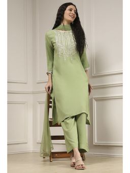 Biba - Women Sage Green Straight Solid Kurta and Pant with Dupatta