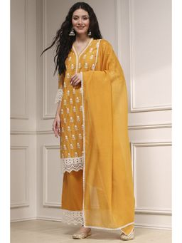 Biba - Women Yellow Chanderi Straight Kurta and Palazzo with Dupatta