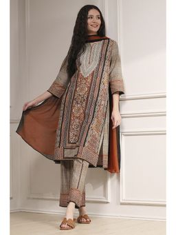 Biba - Women Brown Straight Printed Kurta and Palazzo with Dupatta