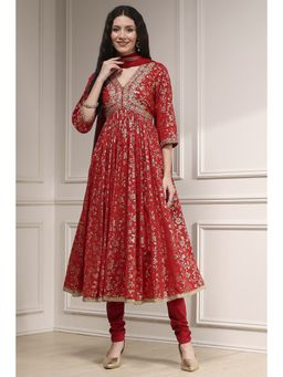 Biba - Women Red Cotton Anarkali Kurta and Churidar with Dupatta