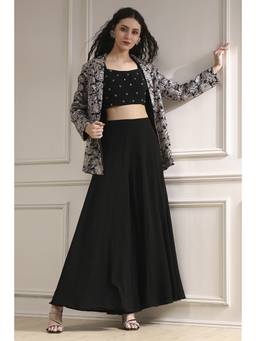 Biba - Women Black Polyester Embroidered Crop Top and Palazzo with Jacket