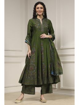 Biba - Women Green Printed Anarkali Kurta and Palazzo with Dupatta