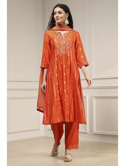 Biba - Women Orange Silk Straight Kurta and Pant with Dupatta