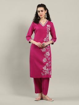 MEENA BAZAAR - Floral Magenta Cotton Blend Kurta and Pant