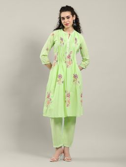MEENA BAZAAR - Floral Green Cotton Blend Kurta and Pant