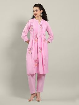 MEENA BAZAAR - Floral Pink Cotton Blend Kurta and Pant