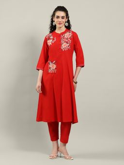 MEENA BAZAAR - Floral Red Cotton Blend Kurta and Pant