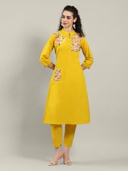 MEENA BAZAAR - Floral Yellow Cotton Blend Kurta and Pant
