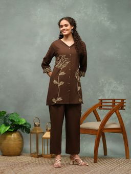 MEENA BAZAAR - Brown Cotton Blend Co-Ord Set