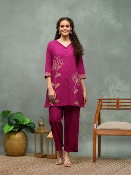 MEENA BAZAAR - Magenta Cotton Blend Co-Ord Set
