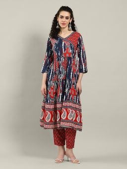 MEENA BAZAAR - Printed Blue Cotton Blend Angarkha Kurta and Pant