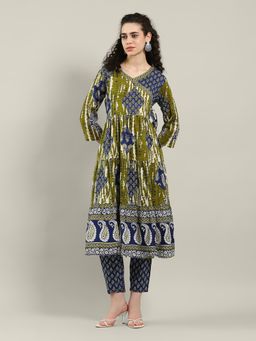 MEENA BAZAAR - Printed Green Cotton Blend Angarkha Kurta and Pant
