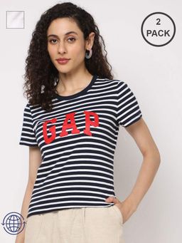 GAP - Womens Multi-Color Half Sleeves Crew Neck Stripes T-shirts (Pack of 2)