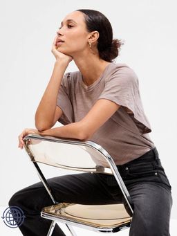 GAP - Womens Mauve Melange Crew Neck Flared Sleeves T-Shirt