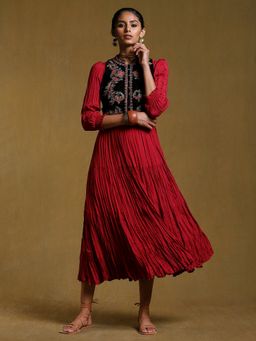 Ritu Kumar - Burgundy Crinkled Dress with Embroidered Jacket (Set of 2)