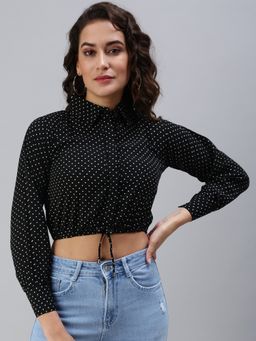 SHOWOFF - Women's Polka Dots Cinched Waist Black Shirt Collar Crop Top