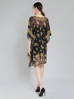 Aditi Wasan - Black Printed Polyester Kaftan Mini Dress