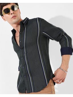 Campus Sutra - Men's Emerald Green Striped Regular Fit Casual Shirt