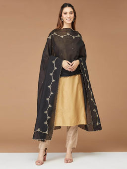 Fabindia - Black Cotton Silk Blend Embroidered Dupatta