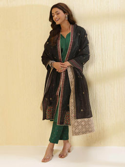 Fabindia - Black Cotton Silk Blend Embroidered Dupatta