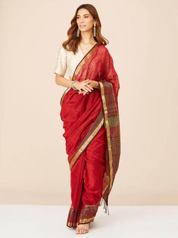 Fabindia - Maroon Cotton Silk Maheshwari Stitched Saree