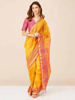 Fabindia - Yellow Cotton Silk Maheshwari Stitched Saree