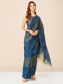 Fabindia - Blue Cotton Silk Maheshwari Stitched Saree