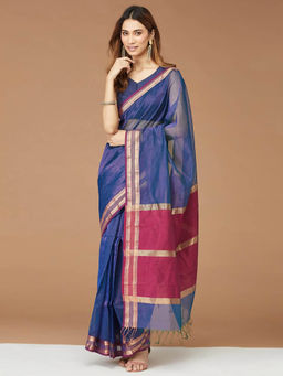 Fabindia - Blue Cotton Silk Woven Stitched Saree