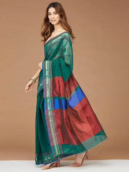Fabindia - Teal Cotton Silk Woven Stitched Saree