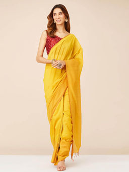 Fabindia - Mustard Cotton Silk Maheshwari Stitched Saree