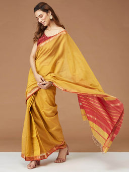 Fabindia - Mustard Cotton Silk Woven Stitched Saree