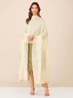 Fabindia - Beige Cotton Silk Embroidered Dupatta