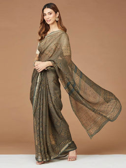 Fabindia - Green Silk Dabu Printed Saree