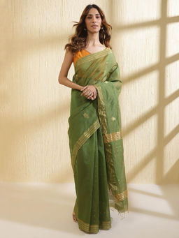 Fabindia - Green Cotton Silk Blend Chanderi Saree