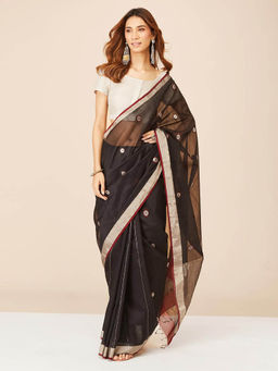 Fabindia - Black Cotton Silk Blend Chanderi Saree