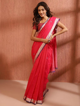 Fabindia - Pink Cotton Silk Blend Chanderi Saree