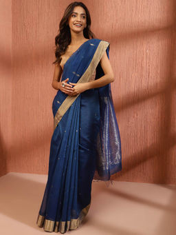 Fabindia - Navy Blue Cotton Silk Blend Chanderi Saree