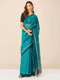 Fabindia - Teal Cotton Silk Blend Chanderi Saree