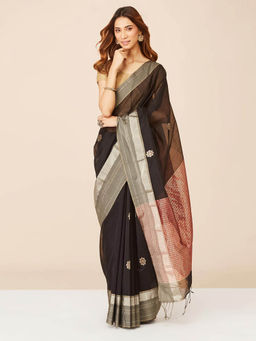 Fabindia - Black Cotton Silk Blend Chanderi Saree