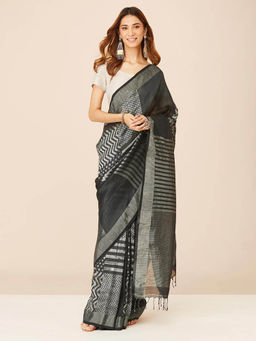 Fabindia - Black Linen Blend Woven Saree