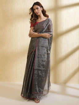 Fabindia - Grey Cotton Blend Jamdani Saree