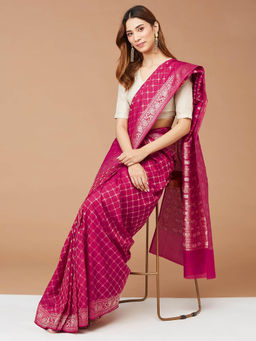 Fabindia - Pink Viscose Blend Woven Saree
