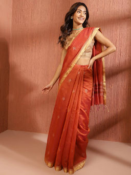 Fabindia - Rust Cotton Silk Blend Chanderi Saree