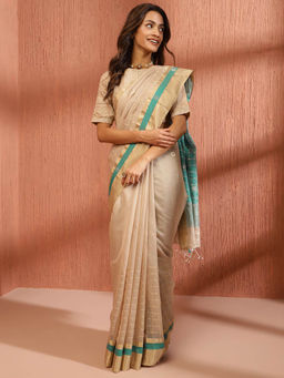 Fabindia - Beige Cotton Silk Blend Chanderi Saree