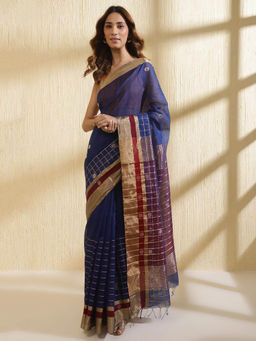 Fabindia - Navy Blue Cotton Silk Blend Chanderi Saree