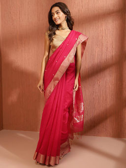 Fabindia - Pink Cotton Silk Blend Chanderi Saree