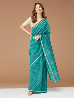 Fabindia - Teal Cotton Silk Hand Printed Saree
