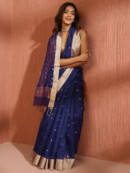 Fabindia - Blue Cotton Silk Blend Chanderi Saree
