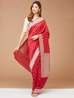 Fabindia - Red Viscose Blend Woven Saree