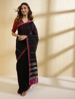 Fabindia - Black Cotton Silk Blend Chanderi Saree